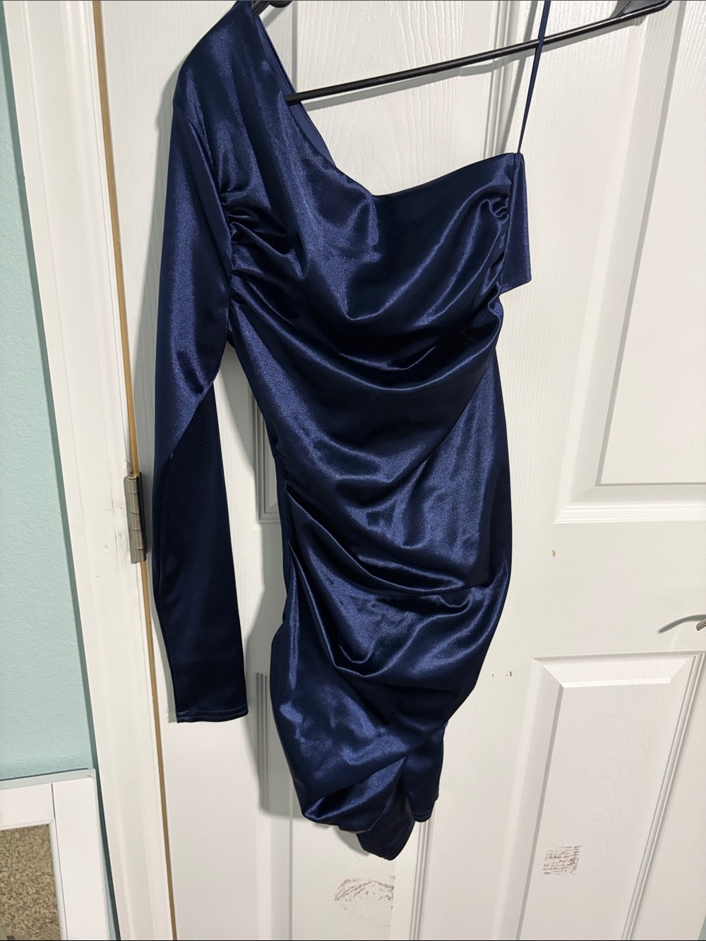 One-Shoulder Navy Satin Draped Cocktail Dress